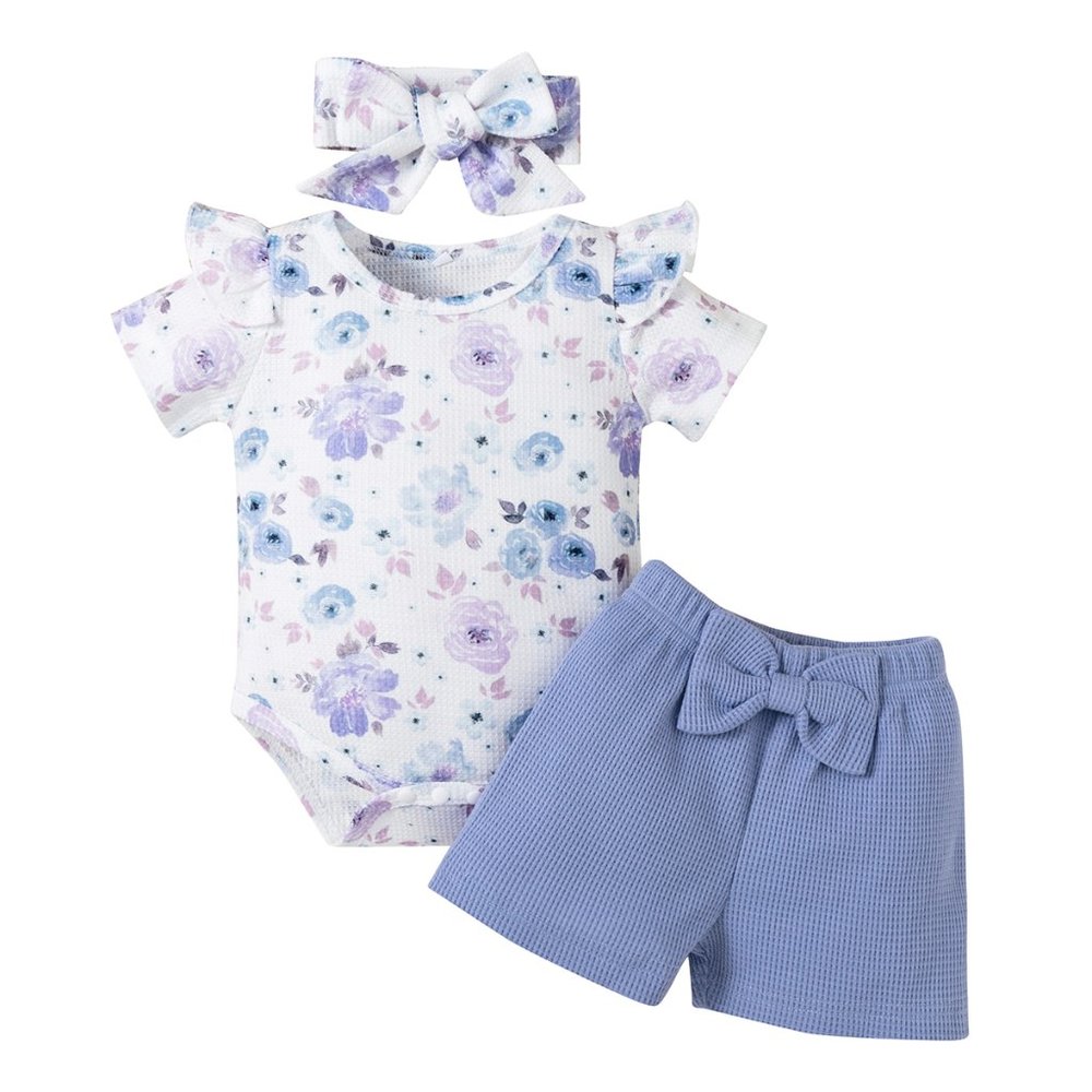 Blue Floral Print Baby Bodysuit, Shorts & Headband 3pcs